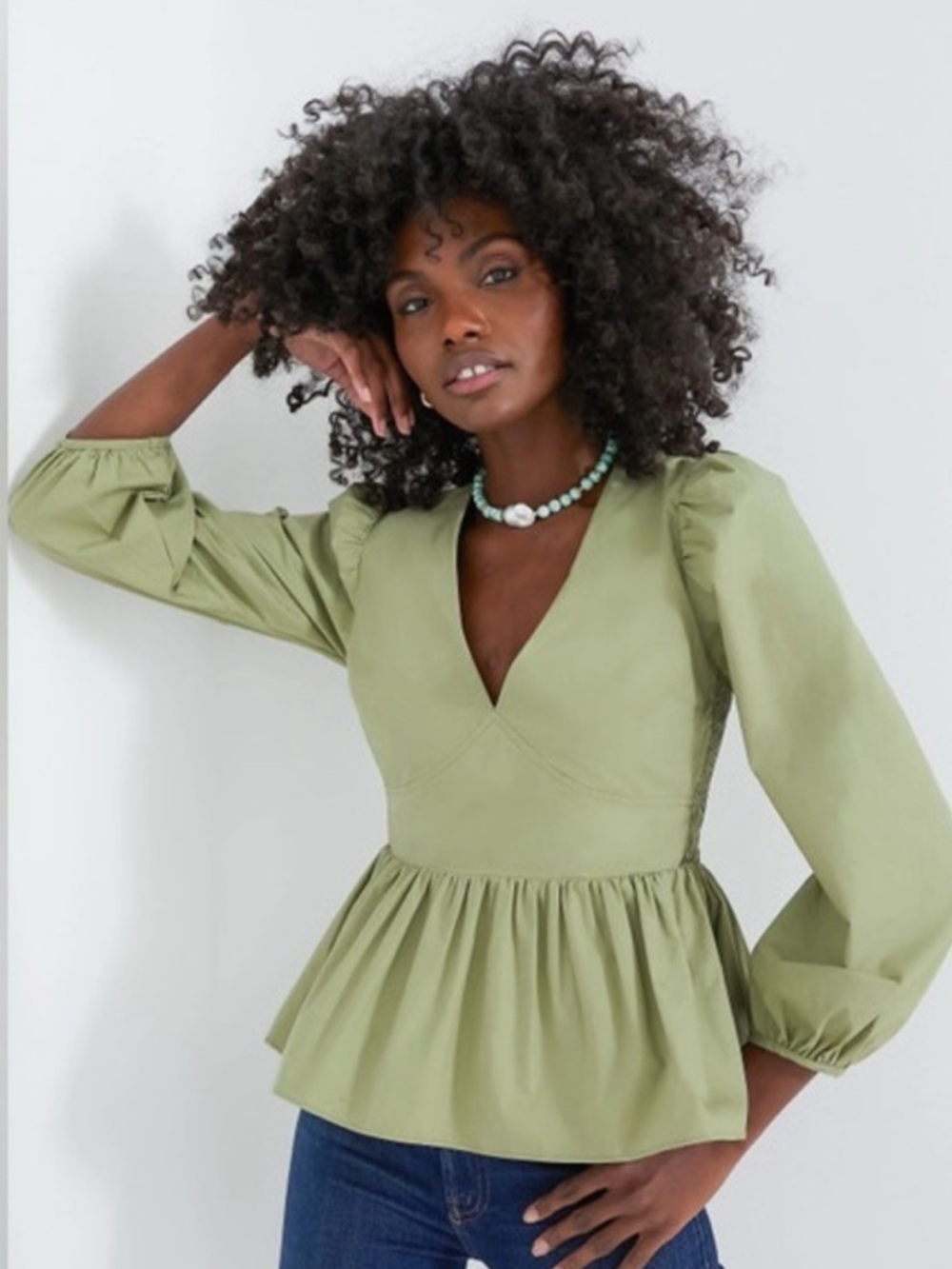 V-Neck Peplum Blouse in Olive Green